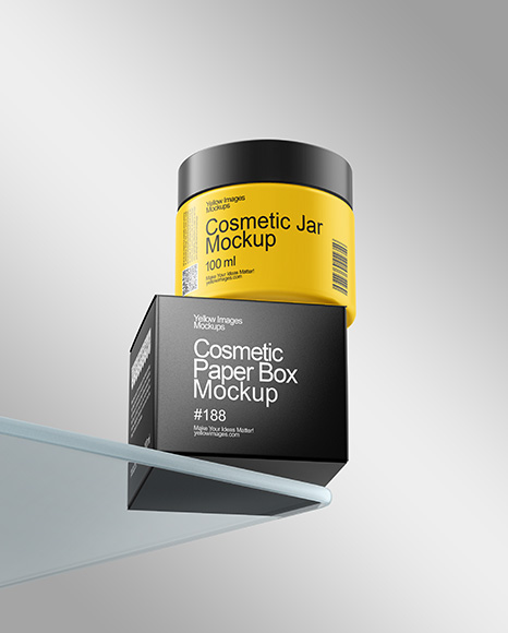 Matte Cosmetic Jars with Paper Box on the Glass Mockup