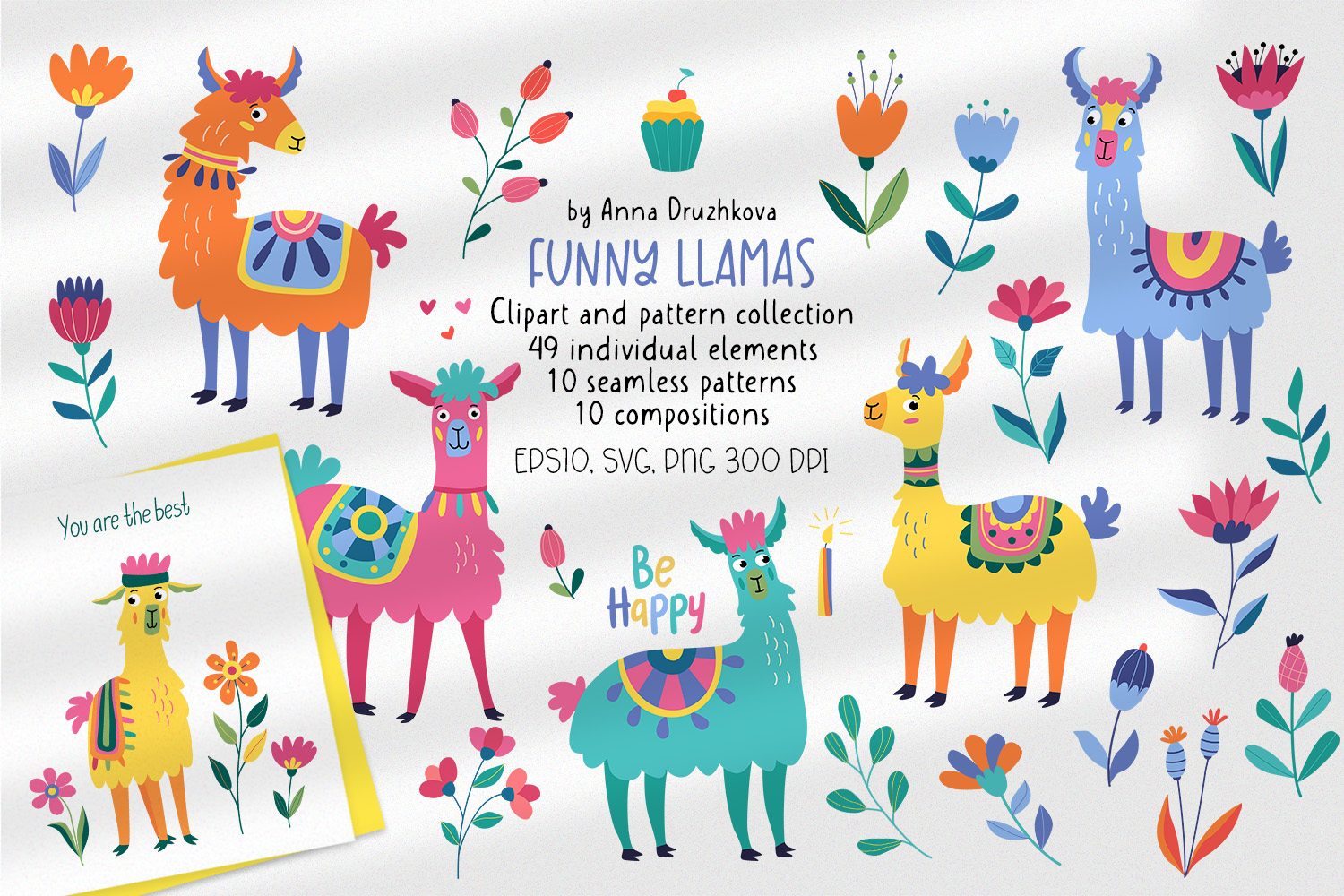 Funny Llamas Clipart and Pattern Collection