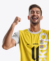 Man Wearing Crew Neck Soccer Jersey and Shorts Mockup