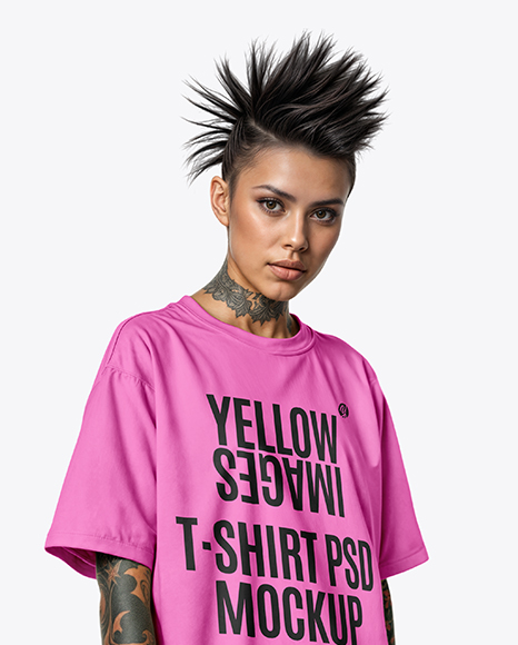 Woman with Mohawk & Tattoo Wearing T-shirt and Ripped Jeans Mockup