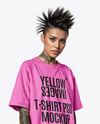 Woman with Mohawk & Tattoo Wearing T-shirt and Ripped Jeans Mockup