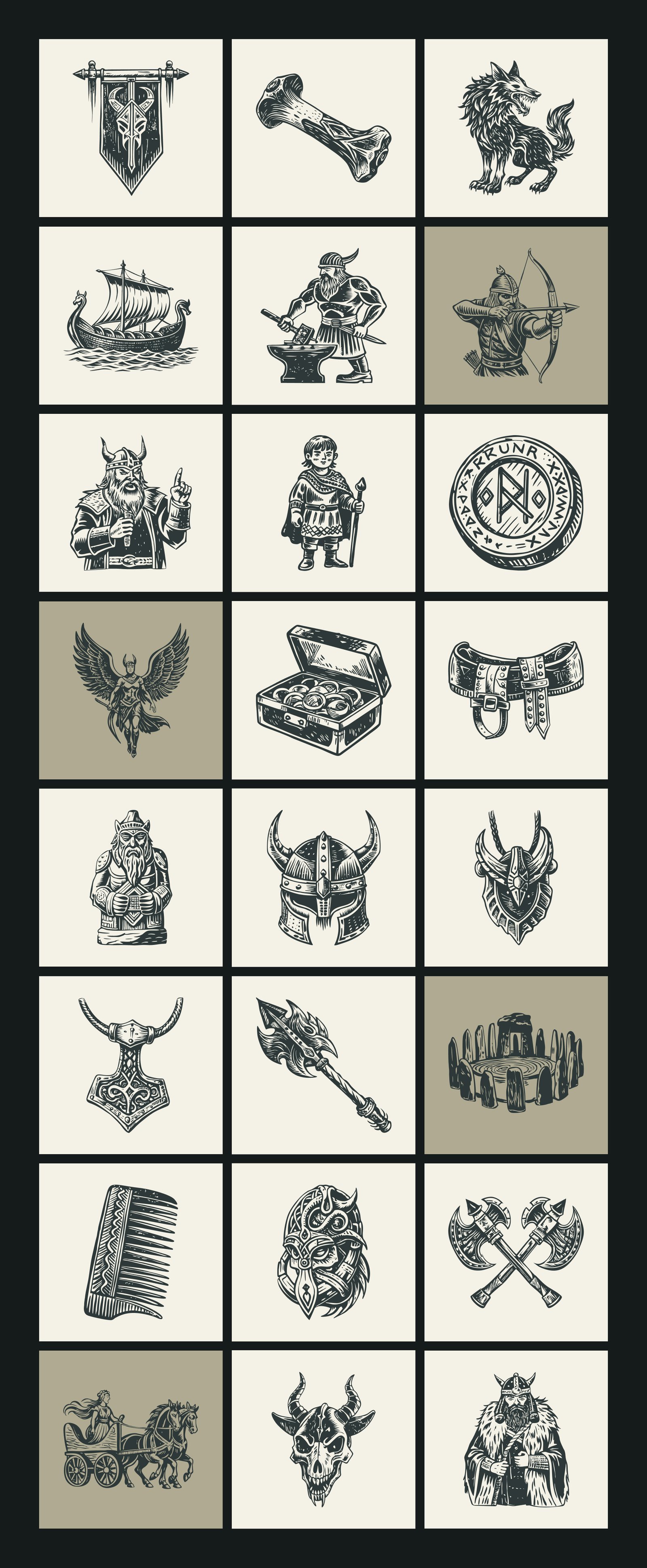 Vintage Viking Art Icon Set