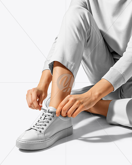Woman Tying Sneakers Mockup