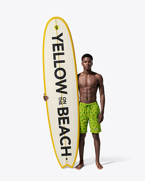 Young Man Wearing Shorts and Holds Surfboard Mockup