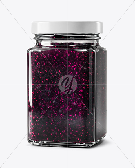 Square Glass Jar with Blueberry Jam Mockup