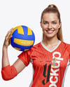 A Woman Wearing a Full Volleyball Kit With Ball Mockup