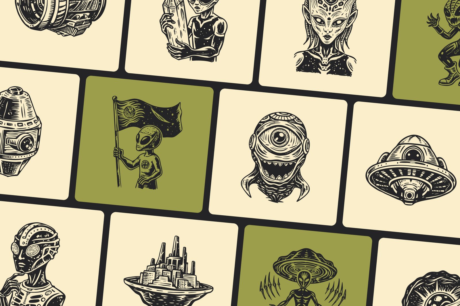 Vintage Alien Illustration Set