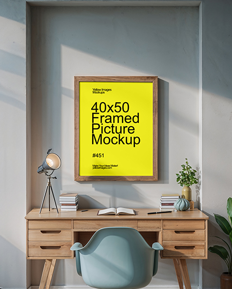 Wooden Framed Poster in a Cozy Workspace Mockup - Wall frame mockup