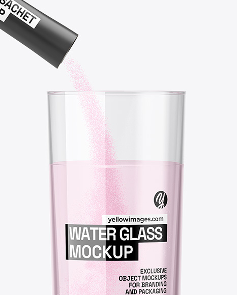 Matte Stick Sachet With Powder in a Hand & Water Glass Mockup