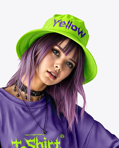 Young Alt Girl Wearing Oversized T-Shirt & Bucket Hat Mockup