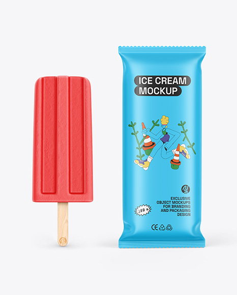 Matte Flow Pack W Ice Cream Mockup - Ice+Cream+In+Glaze+W+Wooden+Stick+Mockup+In+Packaging+Mockups+On