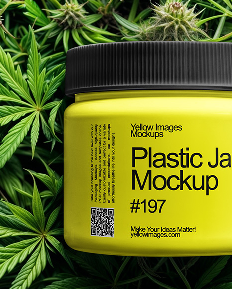 Plastic Supplements Jar on a Hemp Leaves Mockup