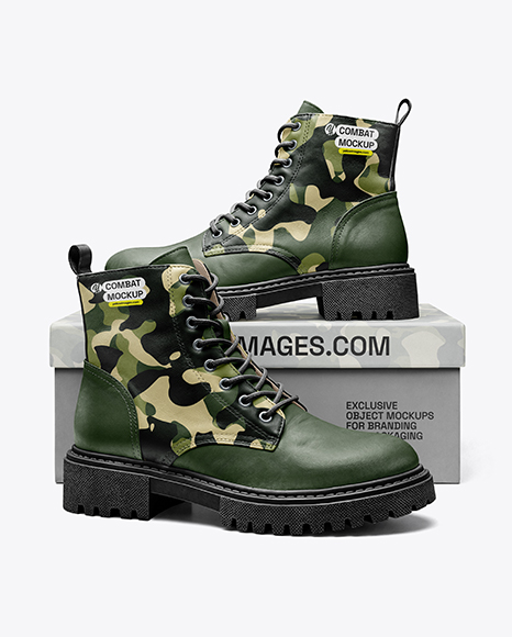 Pair of Women's Combat Boots with Shoe Box Mockup - Apparel mockups