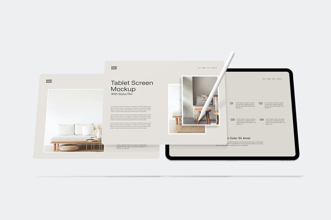 Landscape Tablet Screen Mockup With Stylus Pen