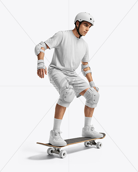 Skater in Protective Gear with Skateboard Mockup