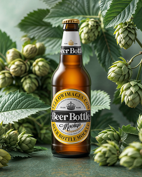 Beer Bottle Surrounded by Hops Branches Mockup - Packaging mockups