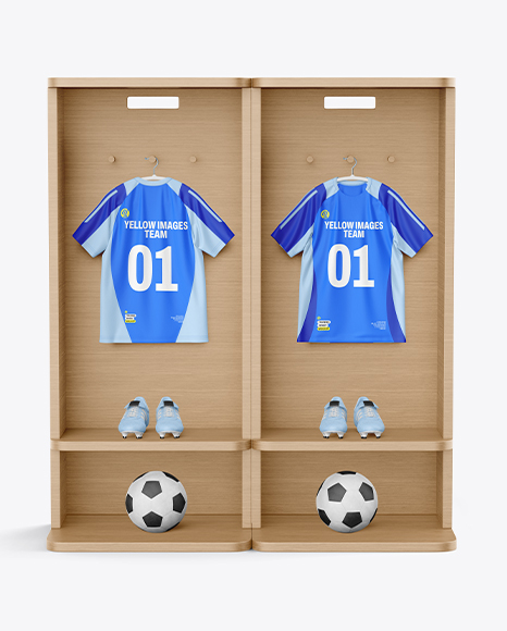 Soccer Training Kit Hanging inside a Wooden Locker Mockup