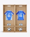 Soccer Training Kit Hanging inside a Wooden Locker Mockup