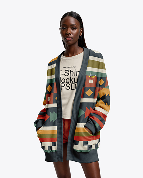 Young Black Woman Wearing Cardigan and T-shirt Mockup - Free+Young+Kid+T-shirt+Mockup+(PSD)