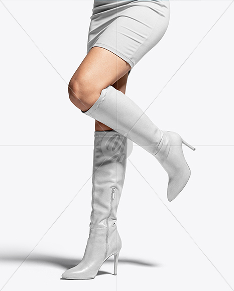 Pair of High-Knee Boots on Women's Legs with Dress Mockup