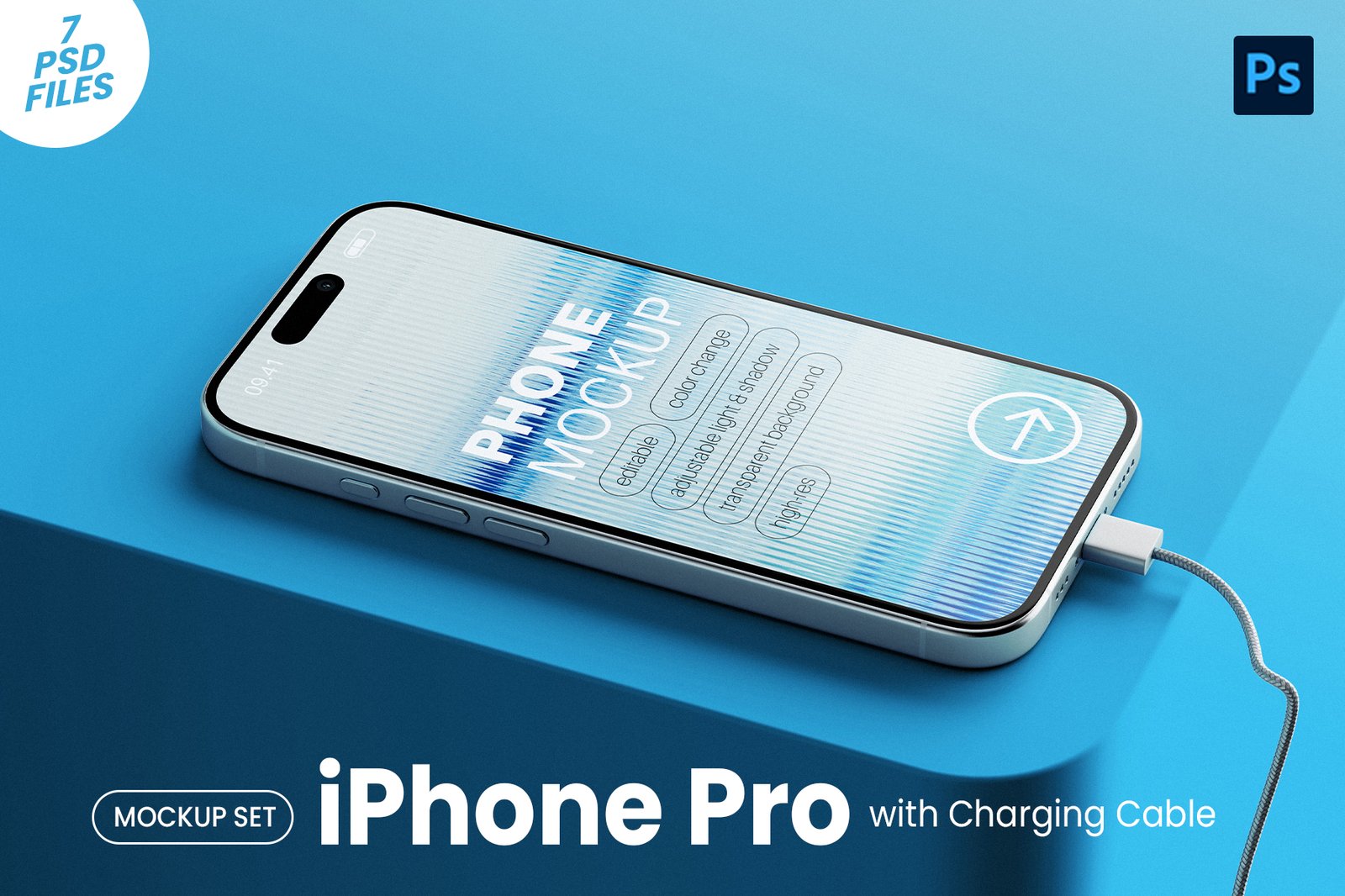 iPhone Pro with Charging Cable Mockup Set