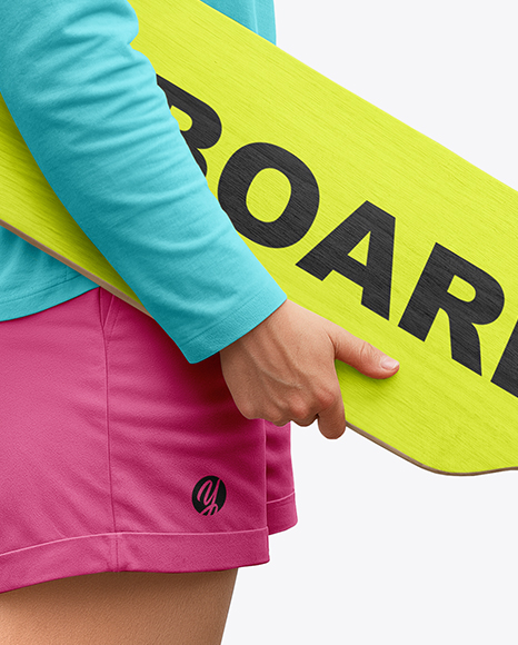 Young Woman Wearing Long Sleeve and Beanie with Longboard Mockup
