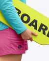Young Woman Wearing Long Sleeve and Beanie with Longboard Mockup