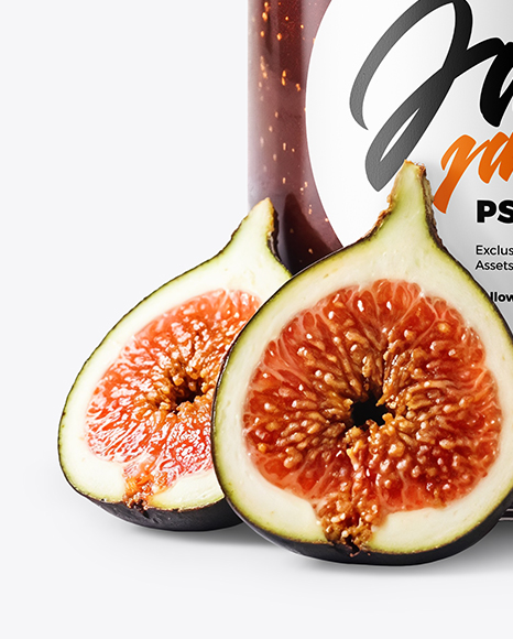 Glass Jar with Fig Jam & Fig Cut in Half Mockup