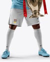 Soccer Player Wearing Jersey and Shorts Holds Cup Mockup