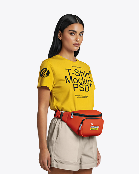 Woman Wearing T-Shirt with Fanny Pack Mockup - T-shirt mockups
