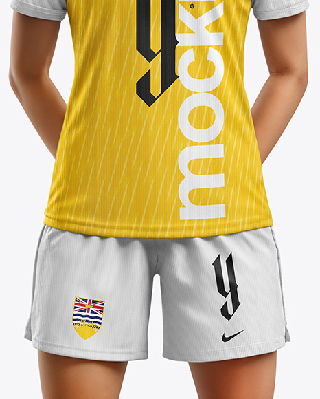 Woman Wearing Soccer V-Neck Jersey and Shorts Mockup