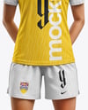 Woman Wearing Soccer V-Neck Jersey and Shorts Mockup