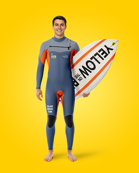 Surfer in Wetsuit with Shortboard Mockup