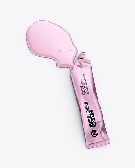 Opened Metallic Stick Sachet with Liquid Mockup