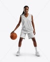 Female Basketball Player Wearing a V-Neck Jersey and Shorts Mockup