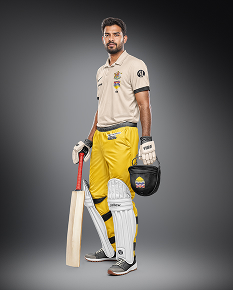Indian Man Wearing Full Cricket Kit with Bat Mockup