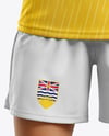 Woman Wearing Soccer V-Neck Jersey and Shorts Mockup