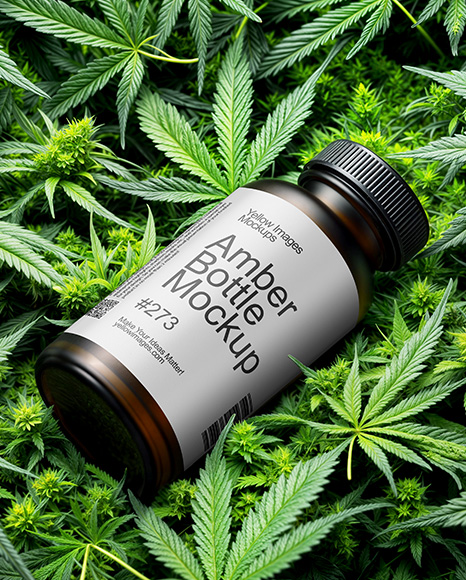 Amber Supplements Bottle on a Hemp Leaves Mockup