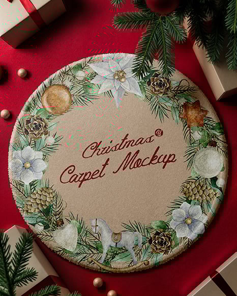 Christmas Round Carpet on The Red Floor Mockup