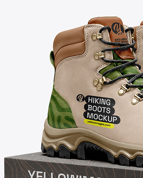Pair of Hiking Boots on Shoe Box Mockup