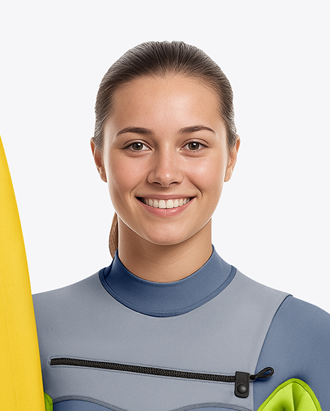 Female Surfer Wearing Wetsuit with Shortboard Mockup