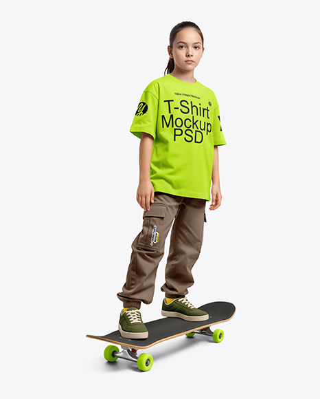 Girl Wearing T-Shirt and Cargo Pants with Skateboard Mockup