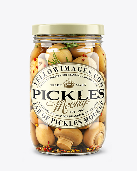 Glass Jar with Pickled Champignons Mockup - Glass+Jar+Of+Pickled+Cucumbers+Mockup+Set+In+Packaging+Mockups