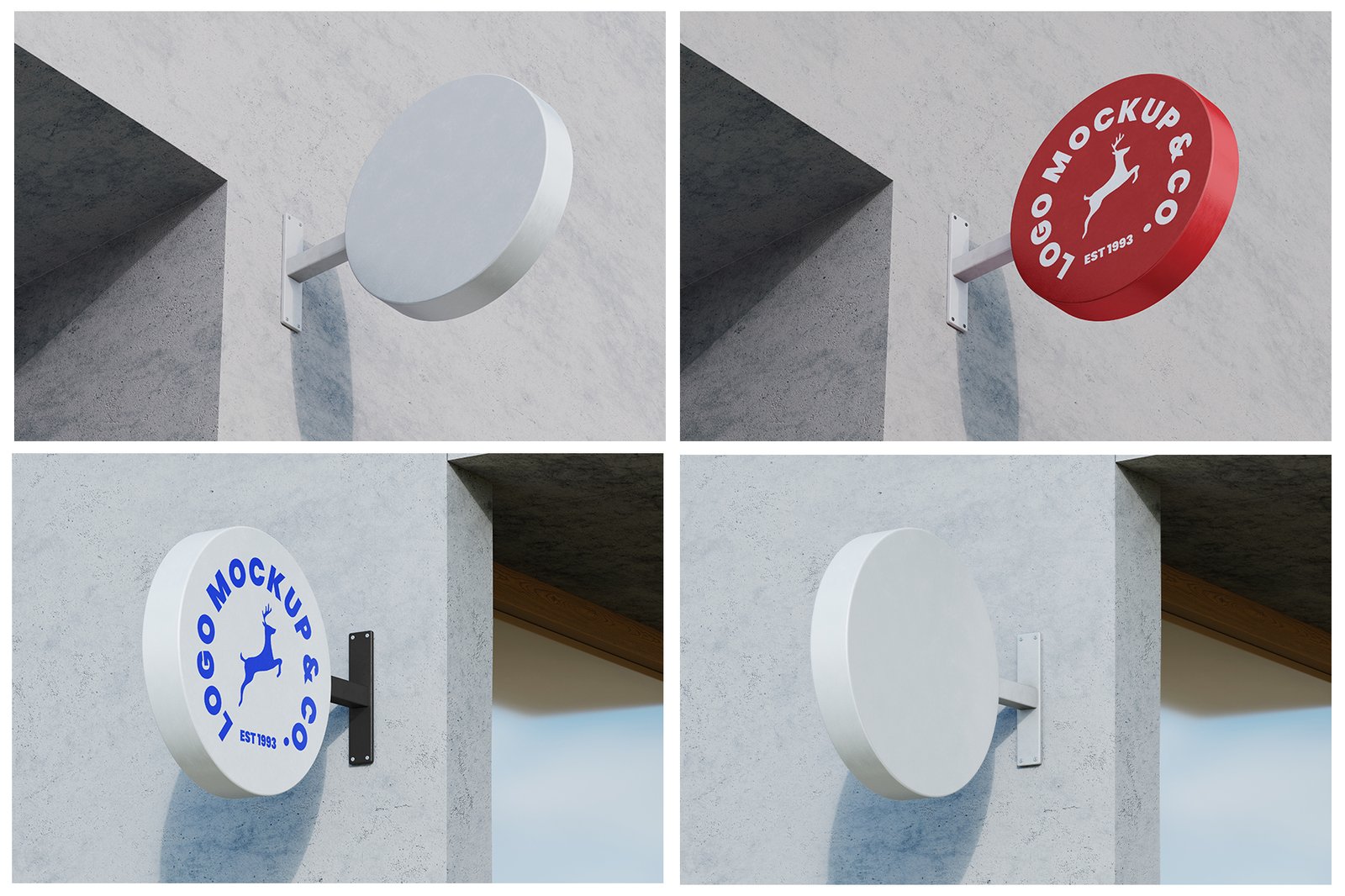 Round Shop Sign Wall Mounted PSD Mockup Set