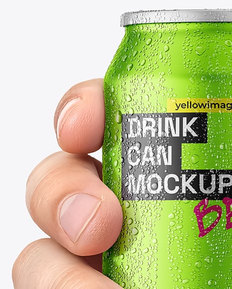 330ml Aluminium Can with Drops in the Hand Mockup