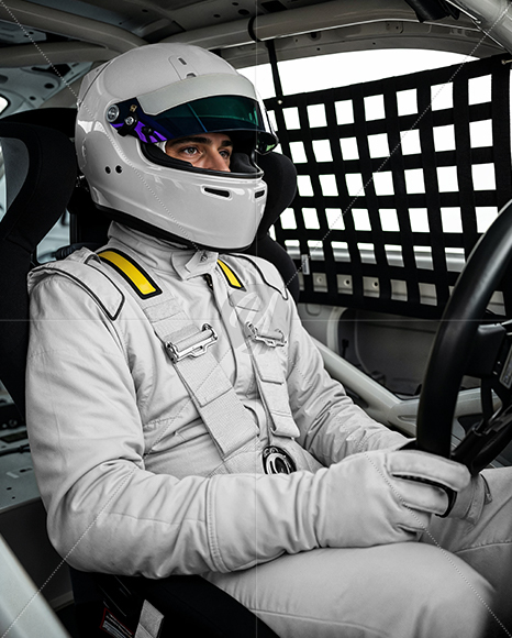 Man Wearing Racing Kit In Nascar Car Mockup