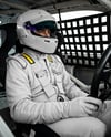 Man Wearing Racing Kit In Nascar Car Mockup