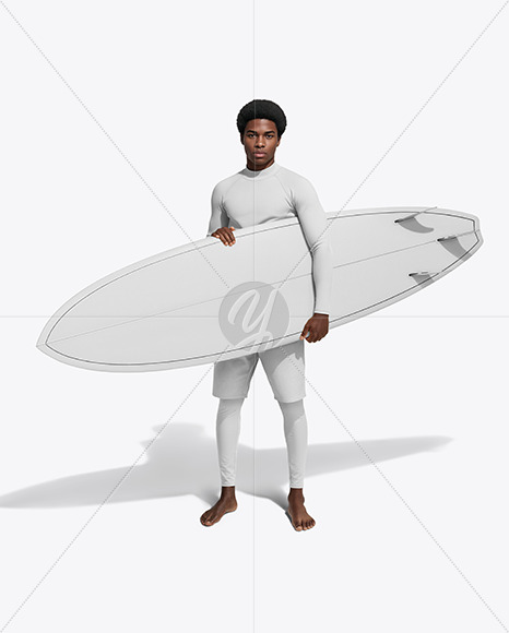 Man Wearing Rashguard Jersey and Shorts with Surfboard Mockup