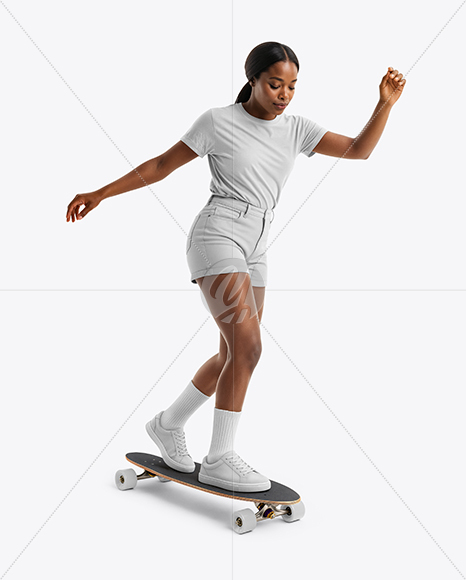 Black Woman Wearing T-Shirt and Shorts Standing on Longboard Mockup