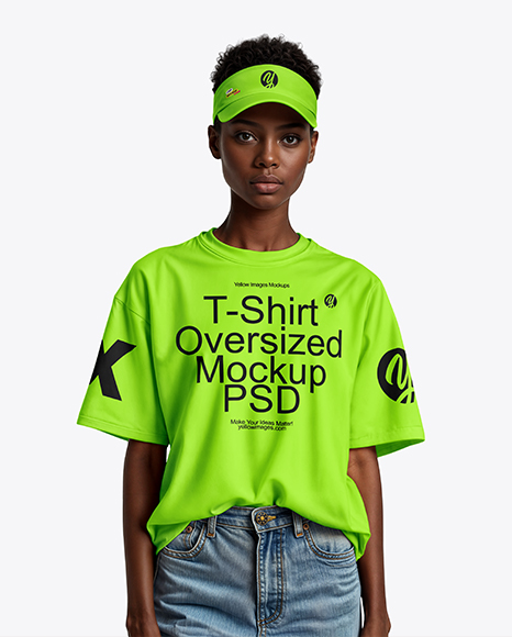 Young Black Woman Wearing Oversized T-Shirt and Sun Visor Mockup - T-shirt mockup